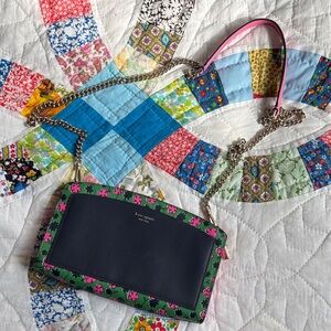 kate spade Navy and Green Floral-Trim Crossbody Bag with Pink Strap